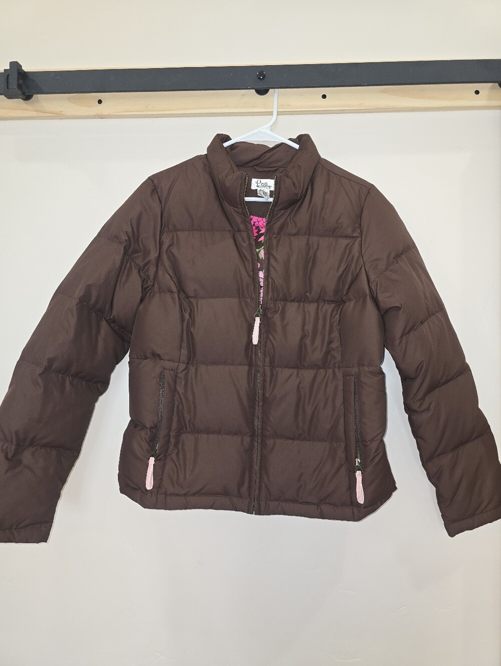 Lilly Pulitzer Brown Puffer Jacket Sz M Floral Lined Pink Coat 80/20 Duck Down